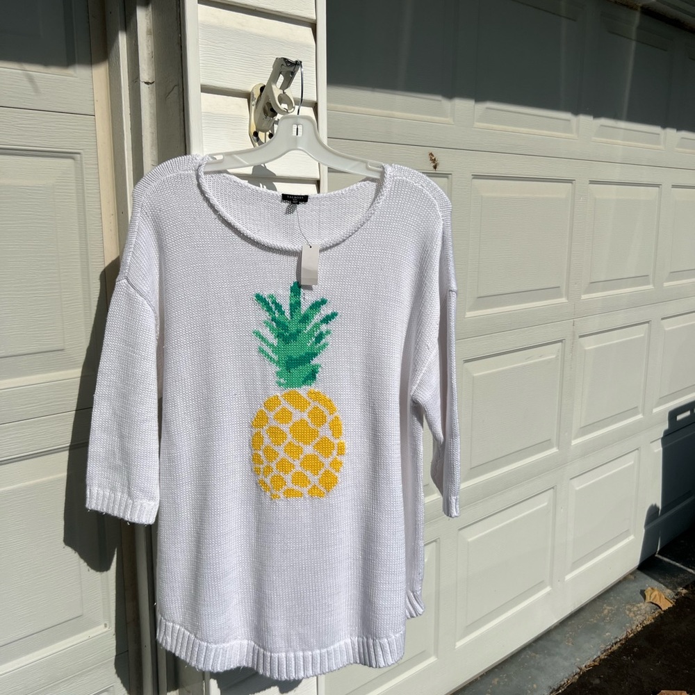NWT Talbots Fun White Woven Pineapple Roll Neck 3/4 Sleeve Sweater